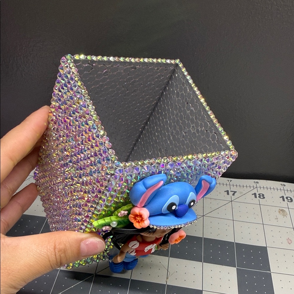 Crystal Rhinestone Decorative Pen Holder with Blue Character Accent